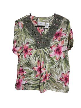 Alfred Dunner Top Size Medium Floral Tropical Print Green Pink Crochet V Neck